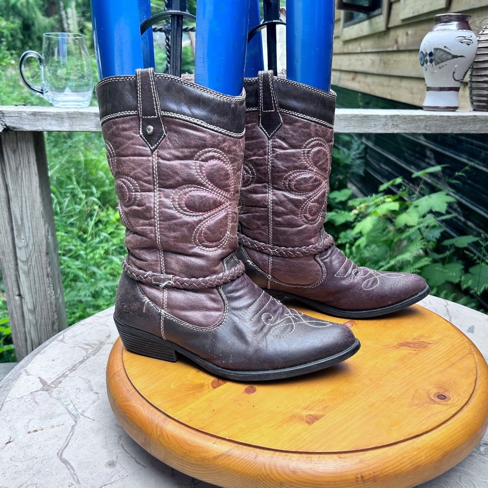 Cowgirl Boots Women Size 4 Brown Slouchy Floral Embroidered Rodeo Ropers